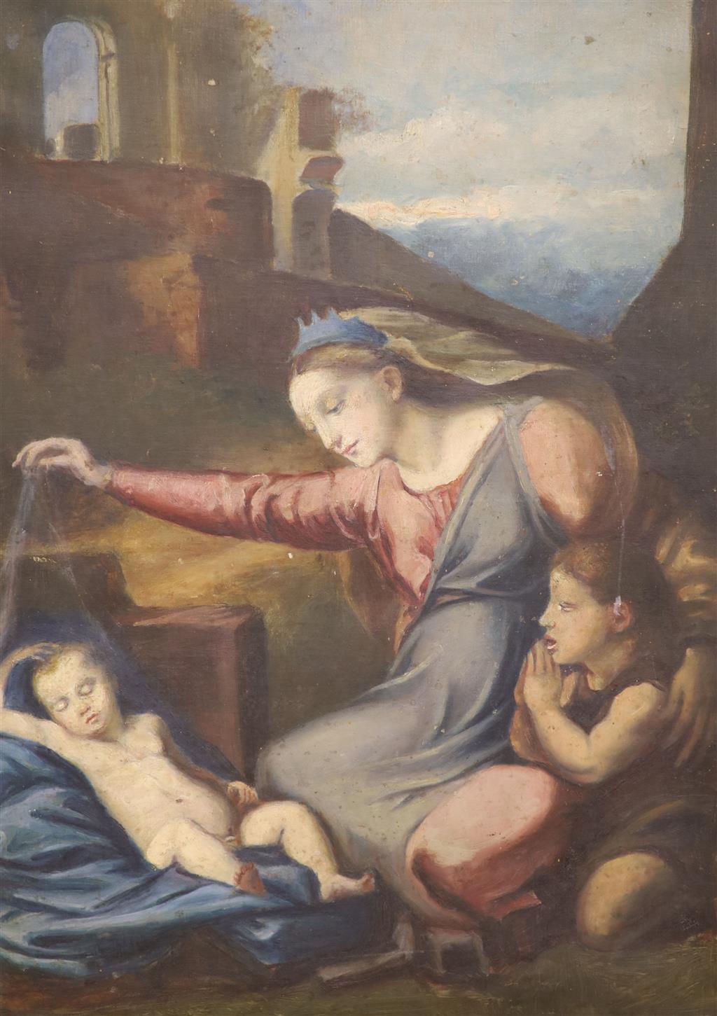 19th century French School, oil on canvas, Virgin and child with John the Baptist, 66 x 47cm